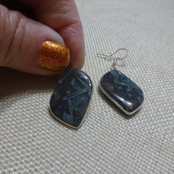 Natural "STICK AGATE" Handmade Sterling Dangle Earrings (1" Drop) #708B - Picture 2 of 3